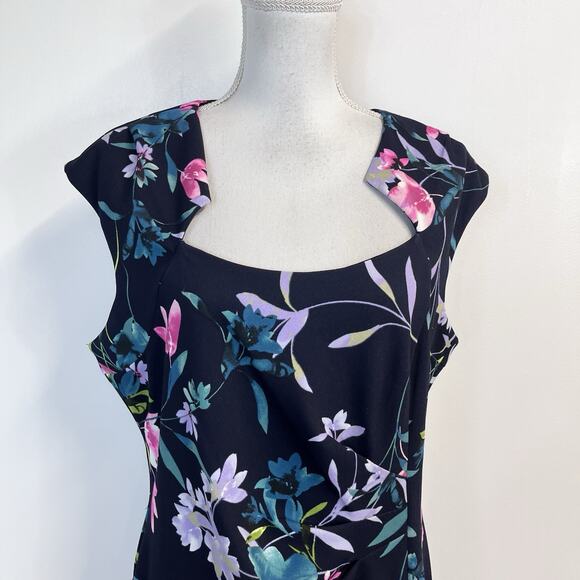 Connect Apparel Dress size 14 Navy Blue Pink Floral Stretch Knee Wedding Church - Picture 3 of 10